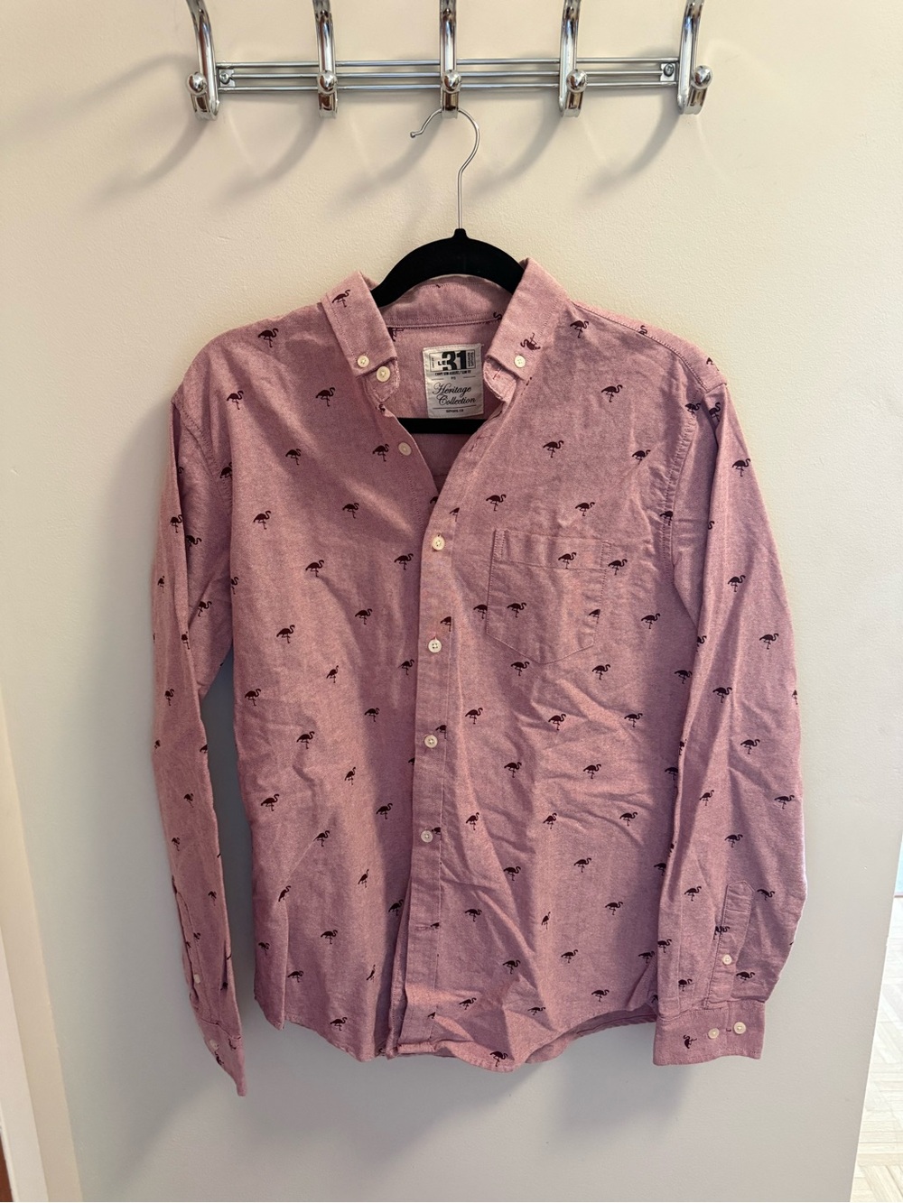 Simons Men's Dusty Pink Button-Down Shirt with Tiny Navy Print